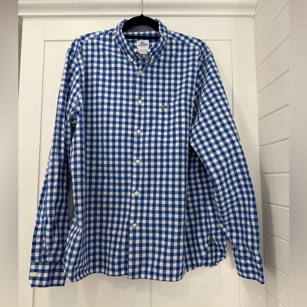 Lacoste Men's Blue and White Plaid Shirt‎